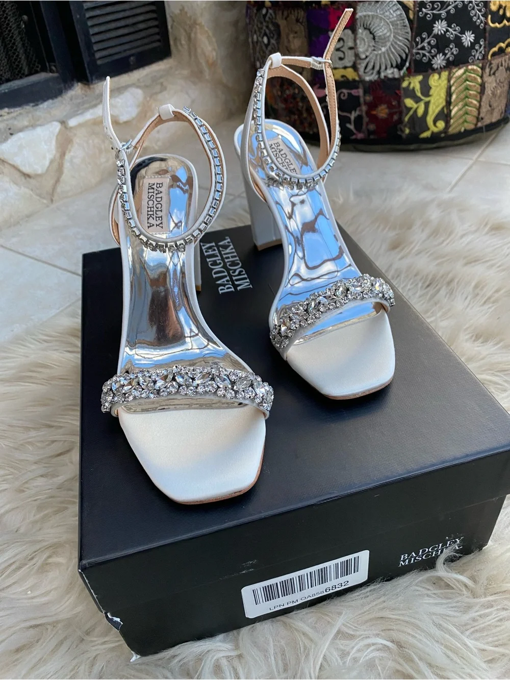 Badgley Mischka Silver and White Crystal Embellished Block Heel Sandals